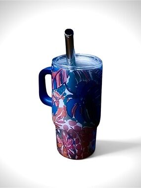 Insulated Floral Travel Mug with Handle and Straw - Blue/Pink 2”x6”